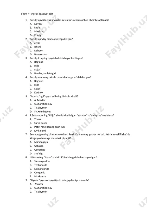 8 adabiyot 4-chorak test — DOCX