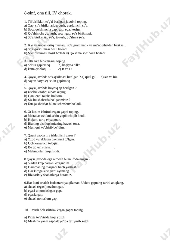 8-sinf ona tili va adabiyot test savollari — DOCX