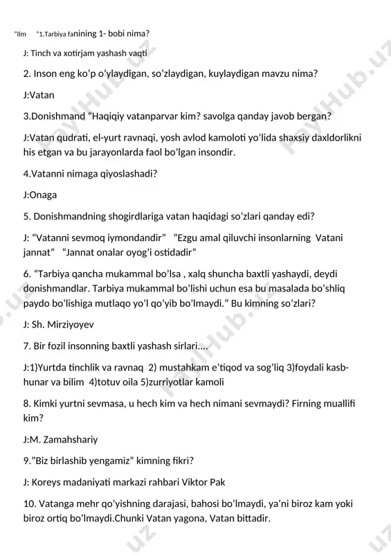 8 sinf tarbiya fanidan savol-javob — DOCX