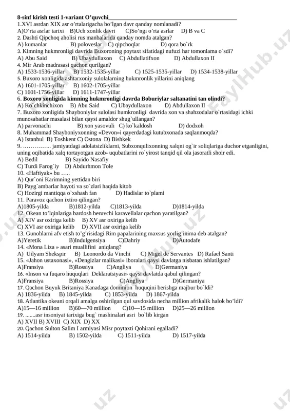 8-sinf kirish testlari — DOCX