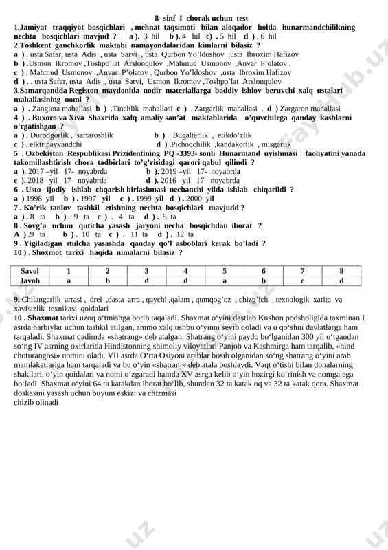 8- sinf i chorak uchun test — DOCX