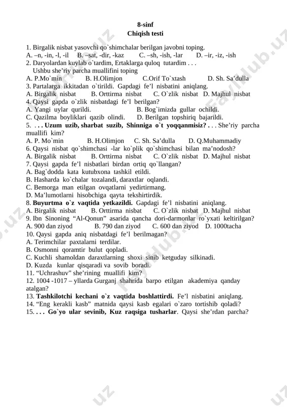 @respublika_filologlari. o‘zbek tili 8-sinf chiqish testi — DOCX