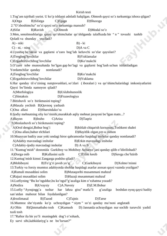 8-sinf kirish-chiqish testi — DOCX