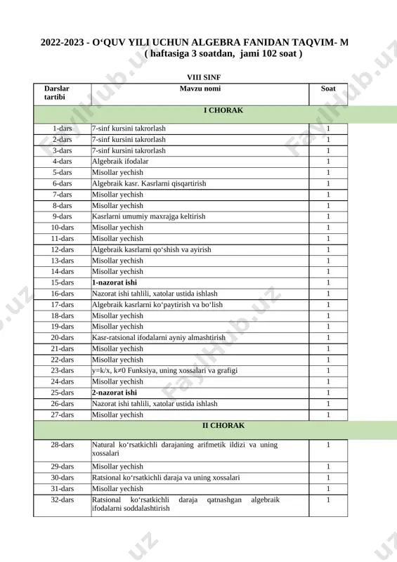 2022-2023. kalendar reja 8-sinf algebra — XLSX