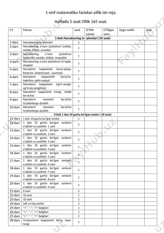 1-sinf yillik ish reja — DOCX