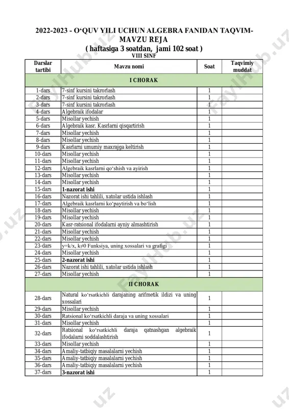 2022-2023. kalendar reja 8-sinf algebra — PDF