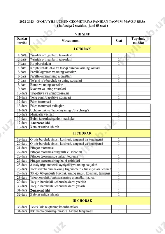 2022-2023. kalendar reja 8-sinf geometriya — PDF