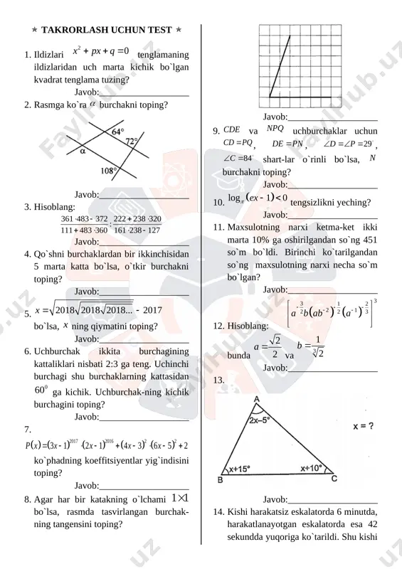 takrorlash uchun test 1-qism va geometriya — DOCX