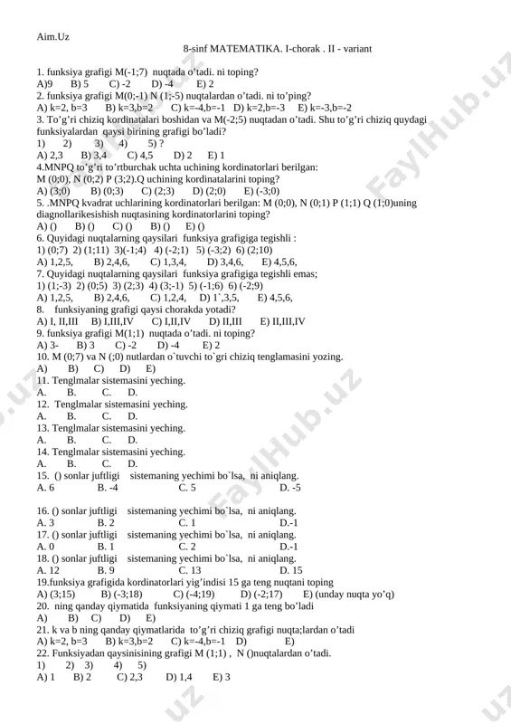 algebra test 8-sinf 1-4 ch — DOCX