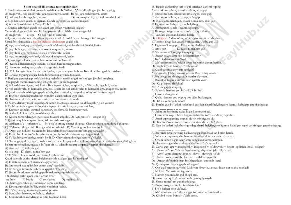 8-sinf ona tili va adabiyot 3-chorak testi — PDF