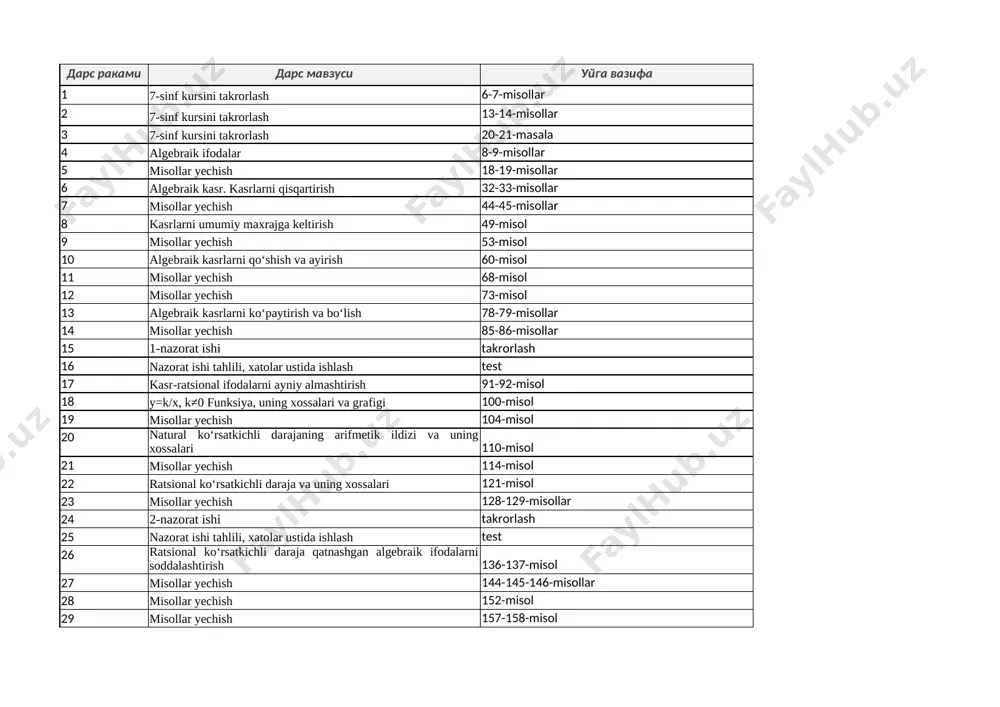 8-sinf algebra reja — XLSX