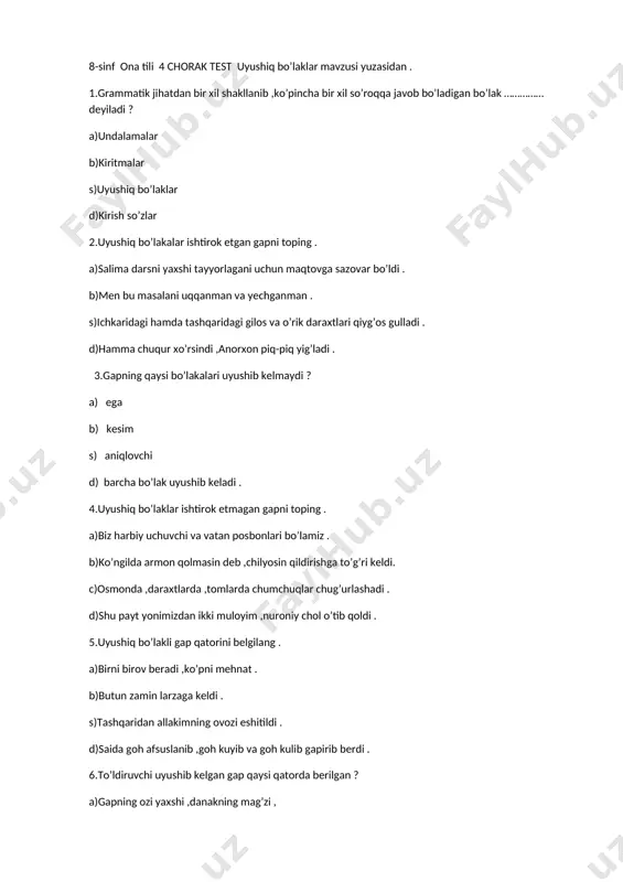 8-sinf test mavzulashtirilgan — DOCX
