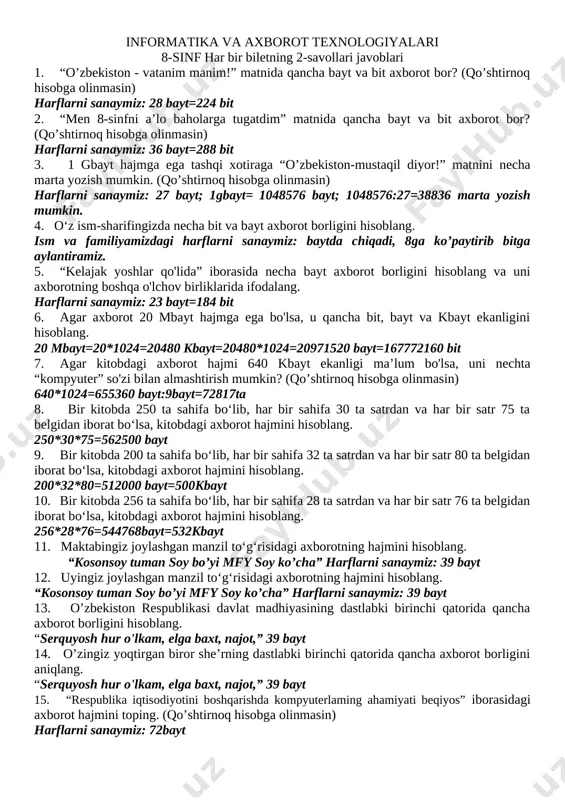 har bir biletning 2-savollari javoblari — DOCX
