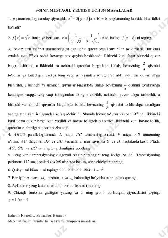 mustaqil yechish uchun 8-sinf — PDF
