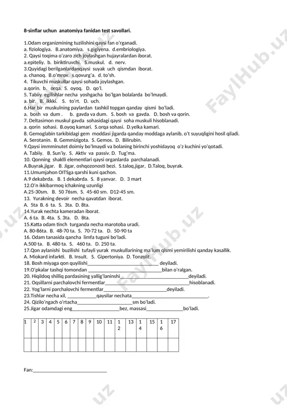 8-sinflar uchun test — DOCX