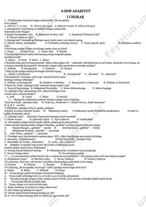 8-sinf adabiyot fanidan testlar kitobi — ZIP