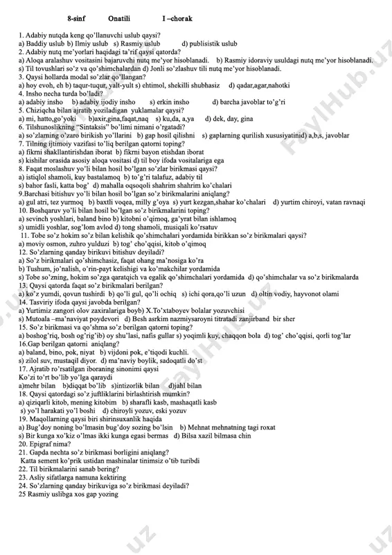 8-sinf ona tili fanidan test savollari kitobi — ZIP