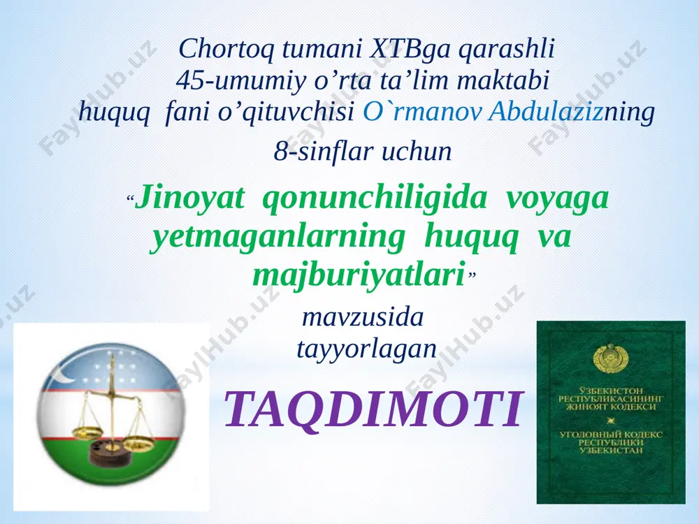 jinoyat_qonunchiligida_voyaga_yetmaganlarning_huquq_va_majburuyatlari — PPTX