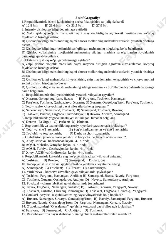8 sinf monitoring geografiya test — DOCX
