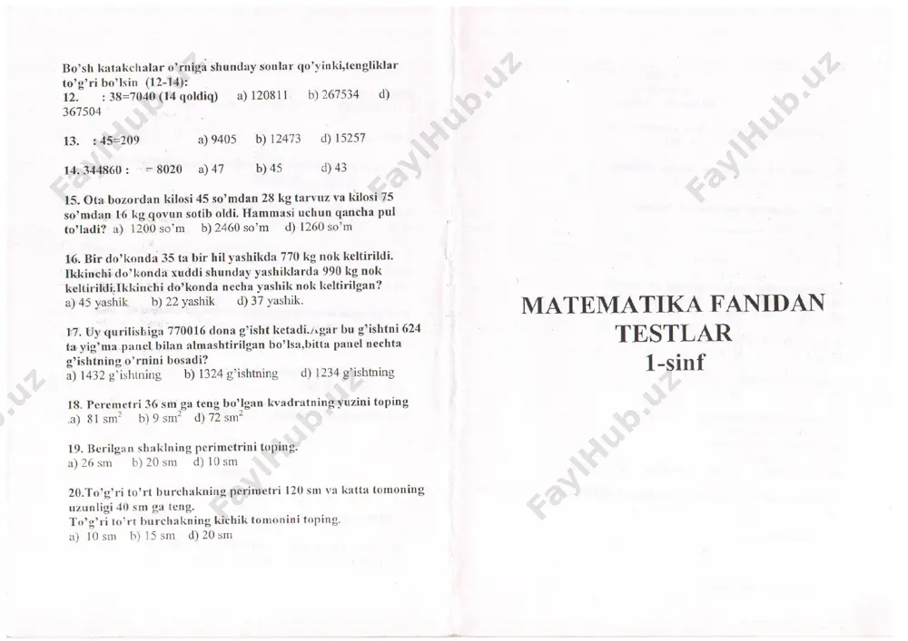 matematika fanidan testlar to'plami (1-4 sinflar) — DOC