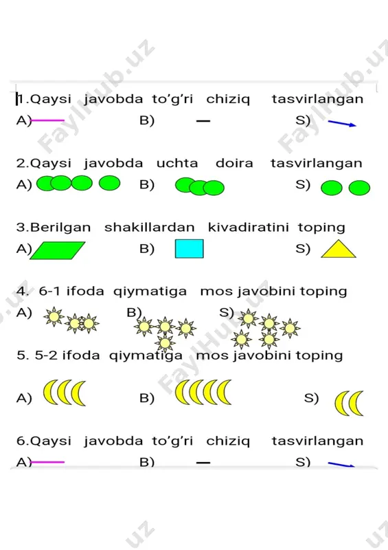 1- sinf uchun rasmli test. — PDF