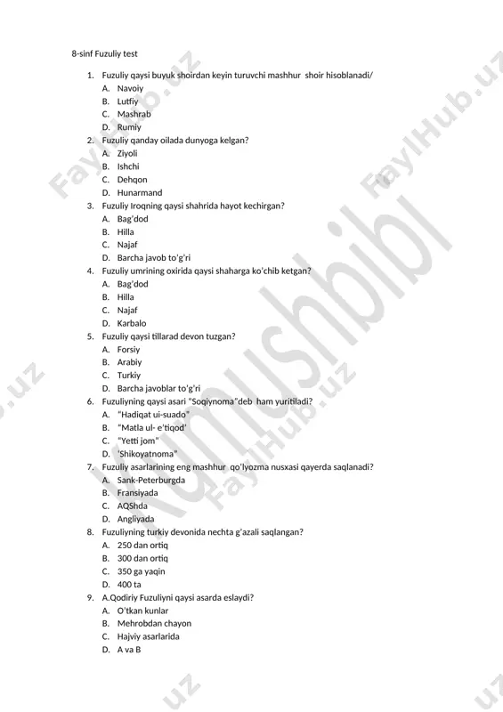 8.fuzuliy test.kumushona tili millat ruhi — DOCX
