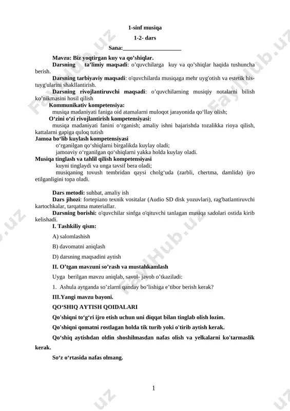 musiqa 1-sinf konspekt — DOCX