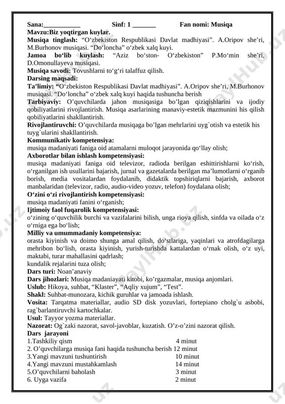 1-sinf musiqa konspekt yangi — DOC