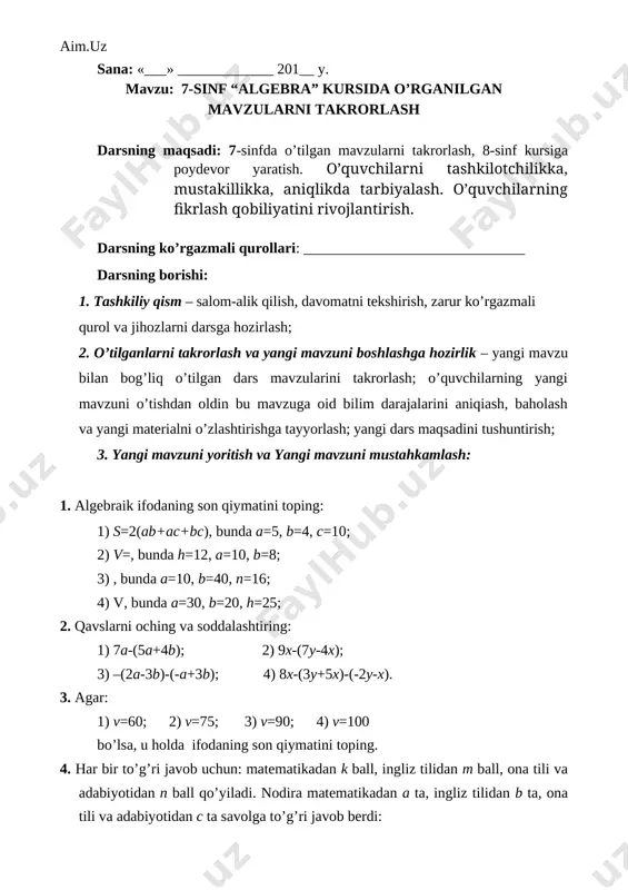 8 sinf algebra konspekt — DOCX