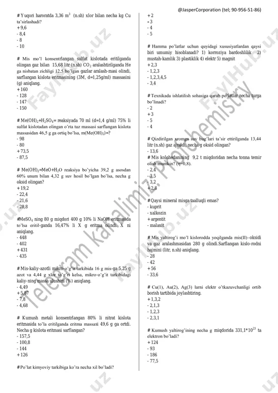8 sinf kimyo bo'yicha testlar javoblari bilan — PDF