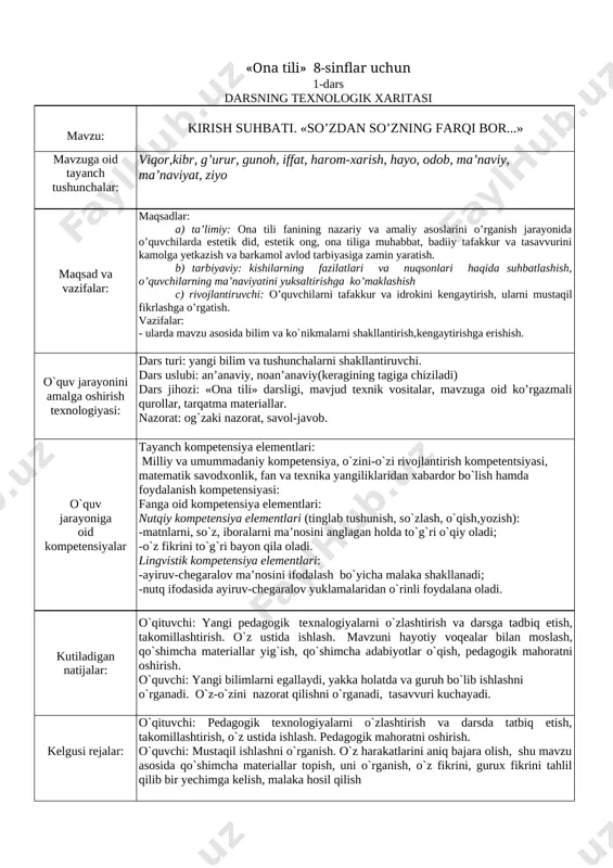 8-sinf ona tili 100 % yangi dars ishlanma — DOC