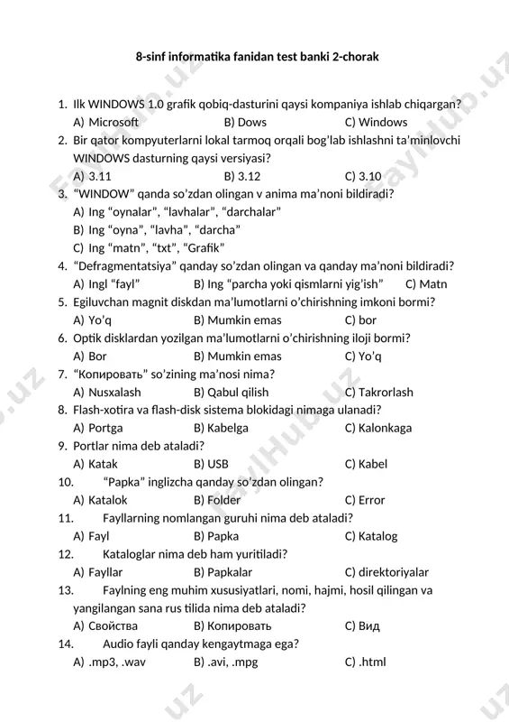 8-sinf 2-chorak test banki informatika — DOCX