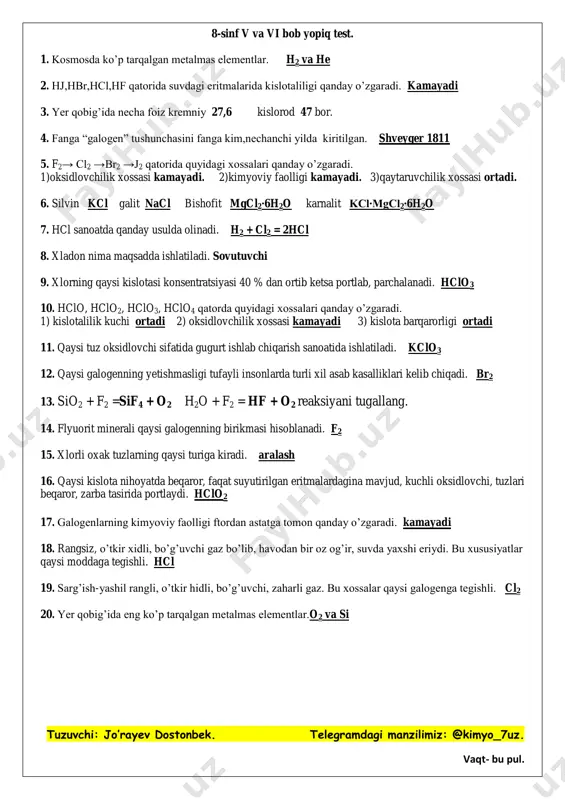 8-sinf v va vi bob yopiq test — PDF