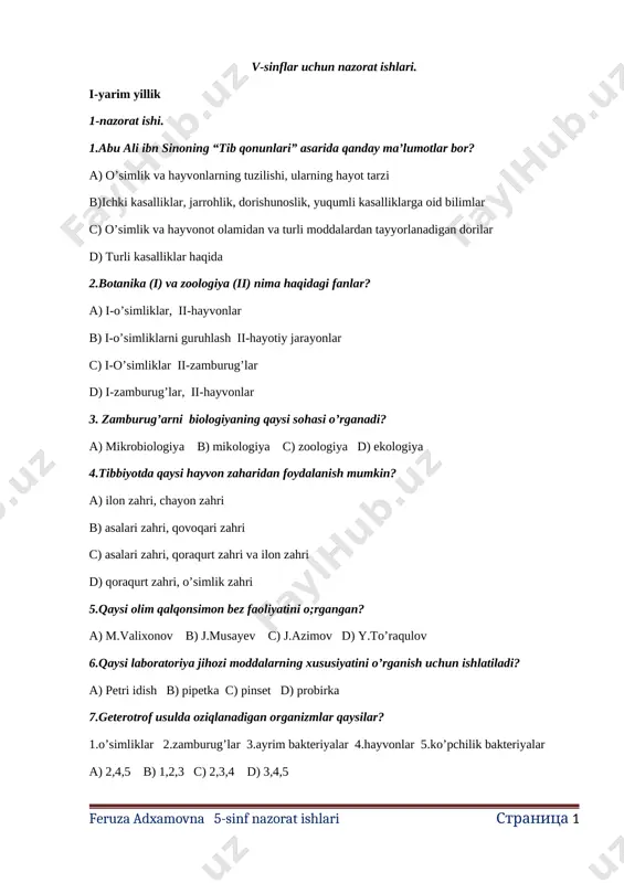 yangi 5-sinf nazorat ishlari — DOCX