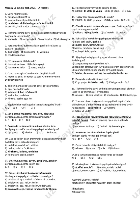 nazariy va amaliy test — DOCX