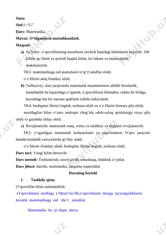 o'tilganlarni mustahkamalsh 1-sinf matematika — DOCX