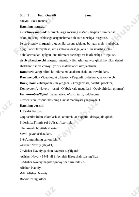 so’z manosi 1-sinf ona tili — DOCX