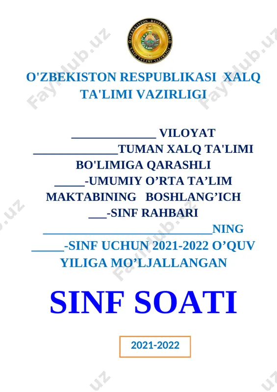 1-sinf soati 2021-2022 o'quv yili uchun xtb bulimi — DOCX