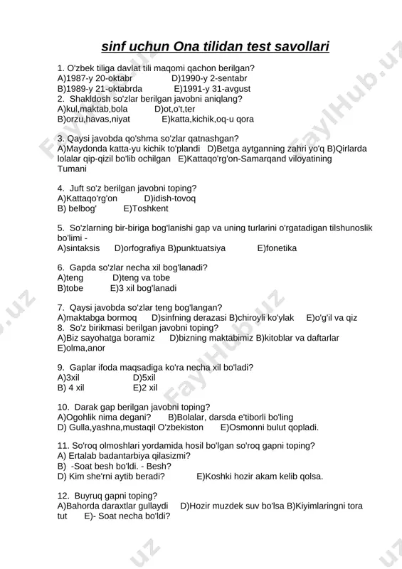 5-sinf choraklik ona tilidan test savollari(1-4 choraklik) — DOCX