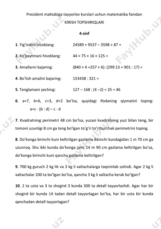5-sinf kirish testi — PDF