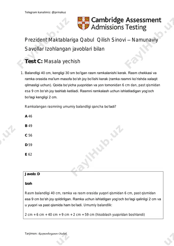 prezident maktabi namuna savollari test c javobi bilan — PDF
