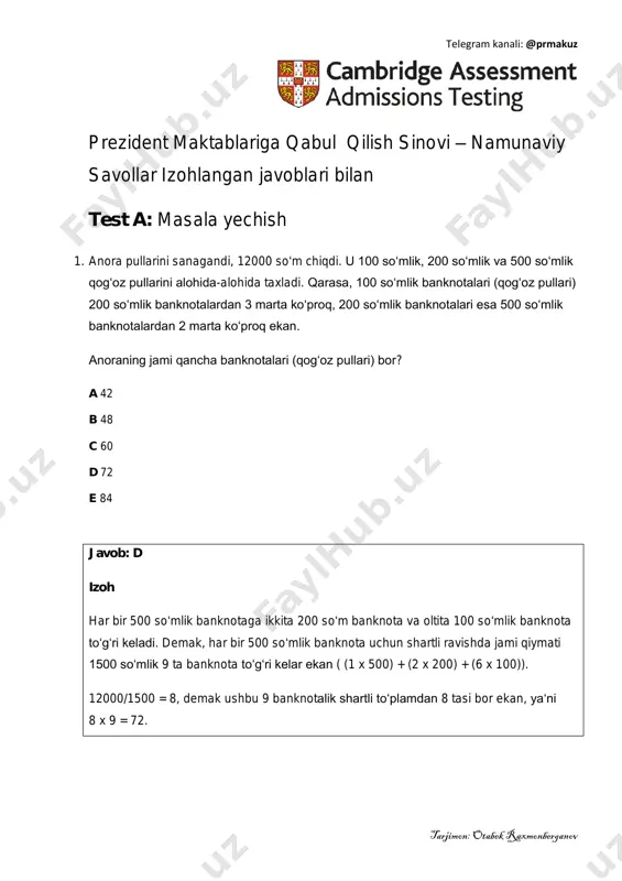 prezident maktabi namuna savollari test a javobi bilan — PDF