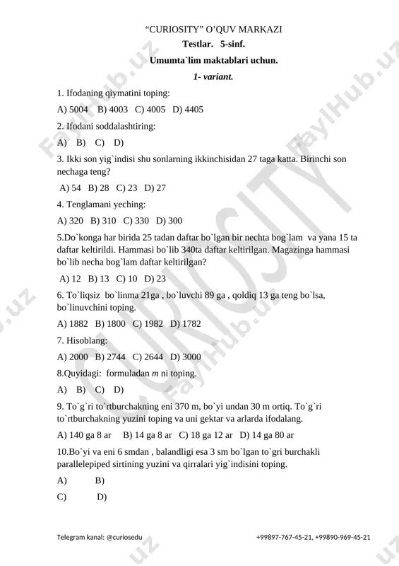 5-sinf matem. umumiy testlar 25talik(2ta variant) — DOCX