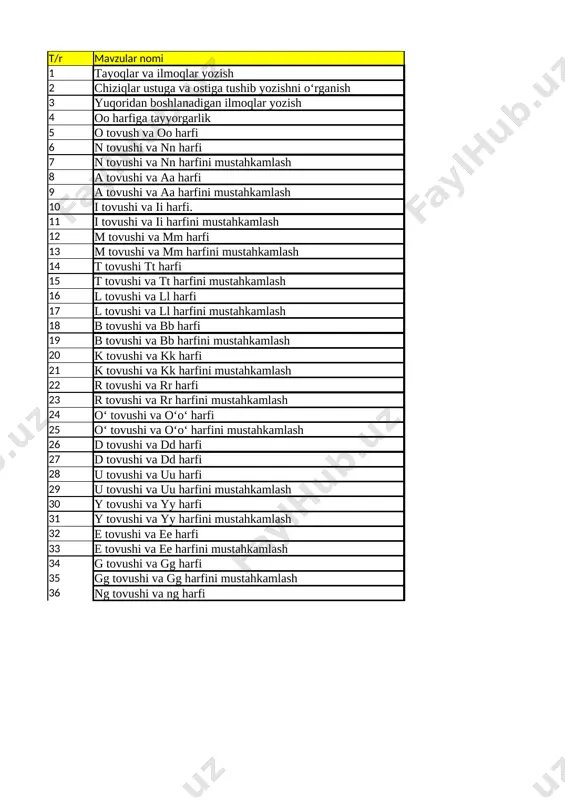 1-sinf yozuv — XLSX