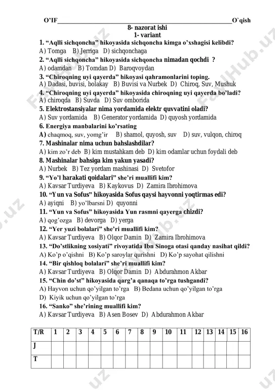 8- nazorat ishi o'qish savodxonligi — PDF