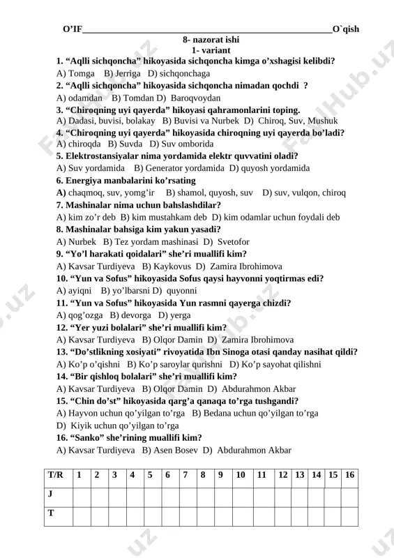 8- nazorat ishi o'qish savodxonligi — DOCX