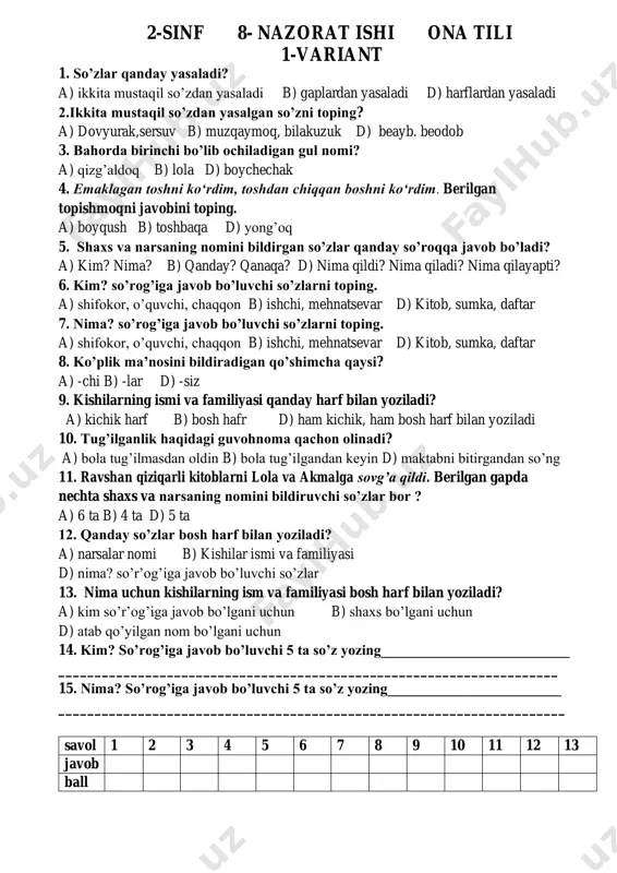 8- nazorat ishi ona tilidan 2- sinf — PDF
