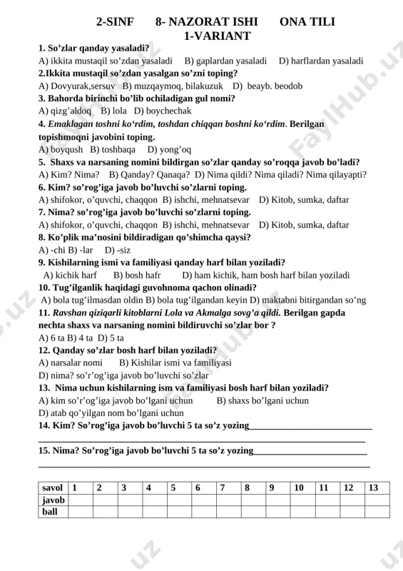 8- nazorat ishi ona tilidan 2- sinf — DOCX
