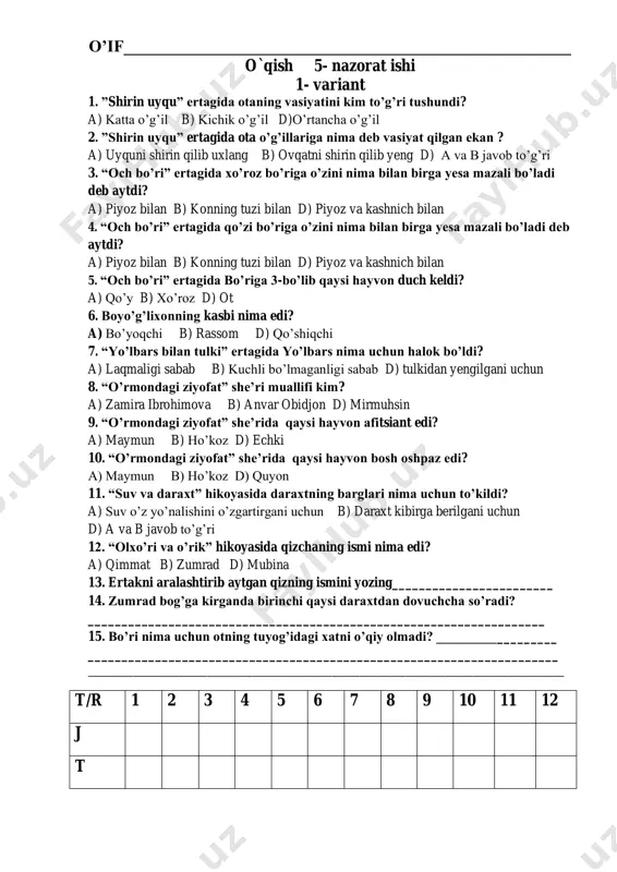 5- nazorat ishi o'qish savodxonligi — PDF