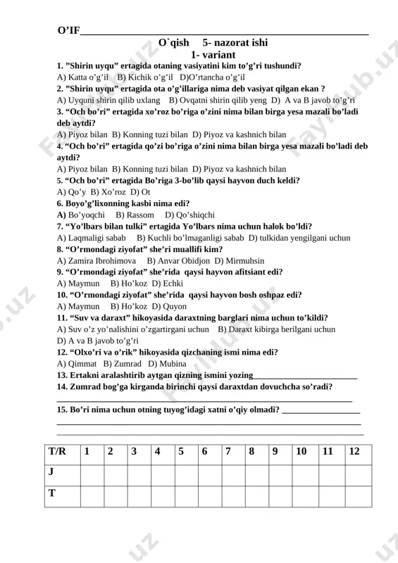5- nazorat ishi o'qish savodxonligi — DOCX